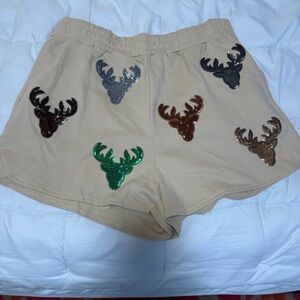 QUEEN OF SPARKLES Tan Shorts with Sequin Deer Accents